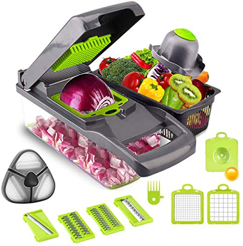 Mandoline Gemüsehobel Edelstahl Klinge 13 in 1 - Multifunktion Gemüseschneider Verstellbar Küchenhobel Gemüsespaghetti Karotte und Reibenschneider Zucchini Spaghetti Maker Grau