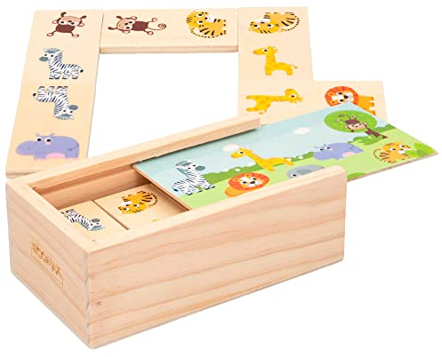 WOOMAX 46461 - Kinder Dominosteine Dschungeltiere - Lernspielzeug Kinder - Enthält 30 Teile aus natürlichem und nachhaltigem Holz - Brettspiele