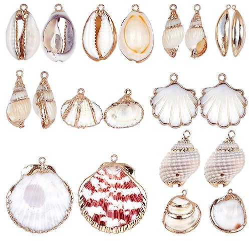SUNNYCLUE 1 box 20pcs 10 Stile Natürliche Weiße Kaurimuscheln Anhänger Muschelschalen Plattiert Charms Für Halskette Armband Ohrringe Machen