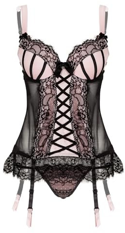 Lovehoney Women's Pink Boudoir Belle Push-Up Basque Lingerie Set - With Matching G String and Moulded Cups - Small: 6-8