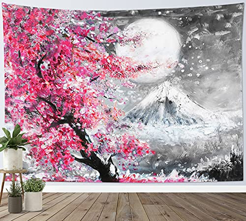 LB Tapisserie Murale Mont Fuji japonais Tenture Murale Fleurs de cerisier roses Couverture Murales Gris Lune Tapisseries Decoration Murales pour Maison Salon Chambre Dortoir,150x100cm