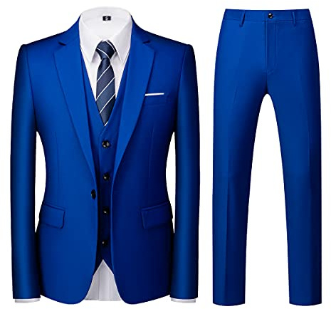 Herrkostymer 3-delad smal passform enkelknäppt en knapp smoking kostym blazer väst byxor set, Jewel Blue, M