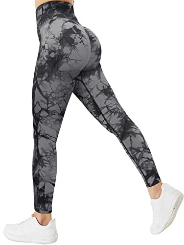 TAYOEA Damen Tie Dye Scrunch Leggings Yoga Lange Leggings Slim Fit Fitnesshose Sporthosen Blickdicht Sport Yogahose Nahtlos Push up Leggings Hohe Taille Übung Fitness Joggen, Tie Dye Schwarzgrau,L