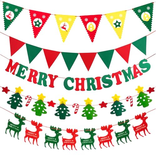 Weihnachtsbanner,5 Stück Weihnachten Girland Banner Merry Christmas Girlande Wimpelkette Mehrfarbig Dreieck Flaggen Wimpelgirlande Farbenfroh Wimpeln,für Weihnachtsfeier Party Home Deko