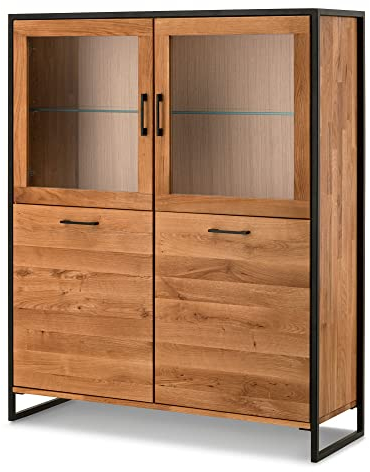 Lomadox Highboard Eiche massiv geölt, mit umlaufendem Metallrahmen, B/H/T: ca. 115/138/39 cm