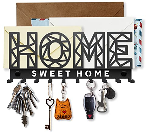 SirHoldeer Porte-Clés et Porte-Lettres Mural en Métal avec Étagère, Support Pratique Pour Courrier, Porte-Clefs Noir, Organisateur Mural avec 10 Crochets, Home Sweet Home