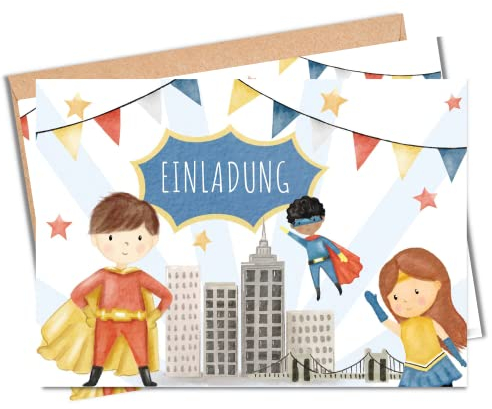 MeinBaby123® 10 Einladungskarten Kindergeburtstag Jungs | süße Geburtstagseinladungen für Kinder | Superhelden Einladungskarten | inkl. 10 Briefumschläge | Premium Qualität (Superhelden V2)