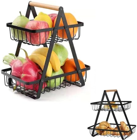 2 stöckiger Obstkorb, Brotkorb Gemüsegestell Gemüs aufbewahrung Stöckiger | Obstkorb Abnehmbarer Metalldrahtkorb Frucht Brot Gemüse Aufbewahrung Schalenhalter für den Wohnzimmer Küchen (Schwarz)