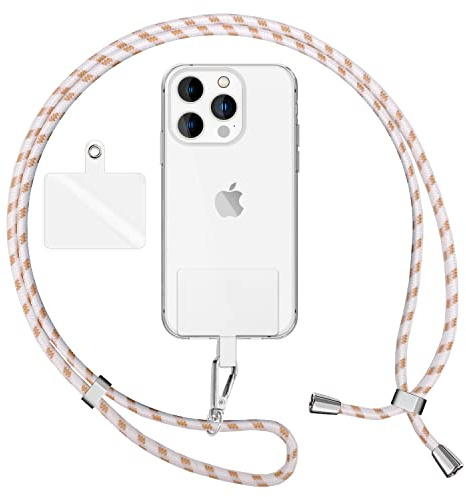 NALIA Bunte Universal-Kette mit Pad, Band für Handy-Hülle zum Umhängen, Karabinerhaken Anhänger Metall, Schlüsselband Umhängeband 160 cm, Crossbody Lanyard mit Schlaufe, Farbe:Weiß Orange