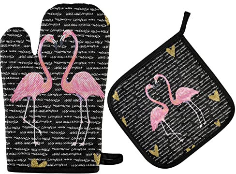 Ofenhandschuh und Topflappen mit rosa Flamingo-Glitzer und goldenem Herz zum Valentinstag, festliches Geschenkset zum Muttertag und Valentinstag, hitzebeständiger Kochhandschuh, Küchen-Topflappen zum