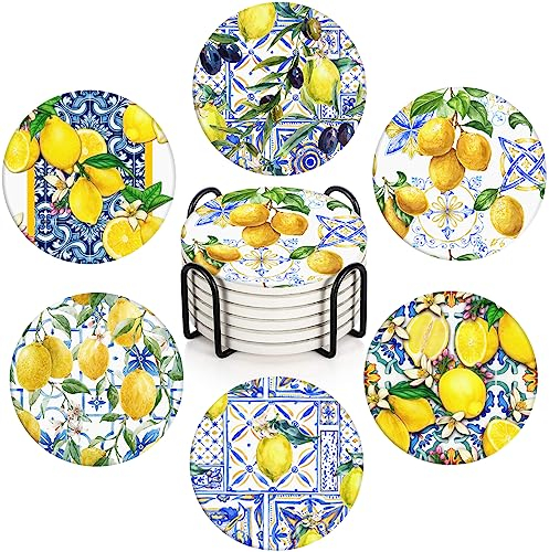 Bribay Untersetzer für Getränke, 6 Stück, gelbe Zitrone, Obst, Blau, Keramik-Muster, saugfähig, rund, Keramik-Steinmatte, mit Korkboden und Metallhalter, Geschenk für Einweihungszimmer, Bar, Dekor