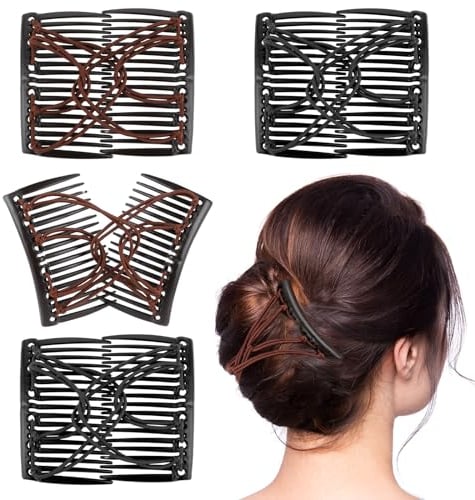 Thinp 4 Pieces Hair Combs for Women Accessories, Elastic Hair Clip Combs Bandette Comb with Elastic Band Double Comb Hair Clip Hair Styling Tool for Women Thick Curly Thin Hair (Black, Brown)