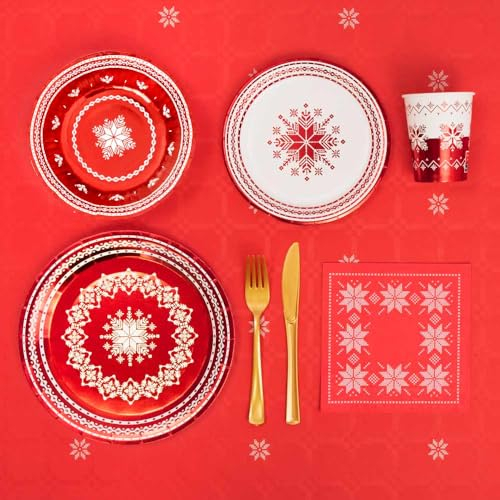 Horeca Collection Maxi Products - Kit 12 personnes - Décoration de Noël brodée rouge - Lot de 83 - Thème Noël - Vaisselle complète Noël - Design unique