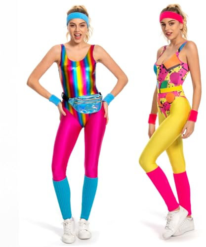 YANVS 80er Jahre Fitness Kostüm Damen 6 Stück Set Bunt Jumpsuit Vintage Aerobic Kleidung Yoga Hosen Sportbekleidung