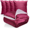 Spar-Set: 1x Kuscheldecke XL + 4x Kissenbezug Samt+ 4x Kissen 45x45cm weiche Sherpadecke flauschig 150x200cm, hochwertige Tagesdecke, bordeaux rot Berry, Dekokissen für Sofa, Schlafzimmer, Wohnzimmer
