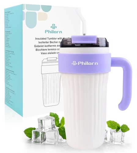 Philorn Taza de Café con Tapa Para Coche, 800ml/27oz Vasos Termicos Cafe Para Llevar con Asa,Taza de Viaje con Pajita Y Asa, Taza de Viaje de Acero Inoxidable para Café Frío o Caliente