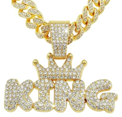 LCWLJL Golden crown letters KING Hip-hop Cuban Chain, Pendant Miami Cuban Link Chain for Men, Gold/Silver Plated Diamond Necklace, Iced Out Hip Hop Necklace