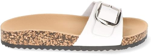 C'M PARIS Sandales Plates Mules et Sabots été à Boucle Unique et Semelle en Liège - Confort Élégant pour Femmes 39 EU Blanc