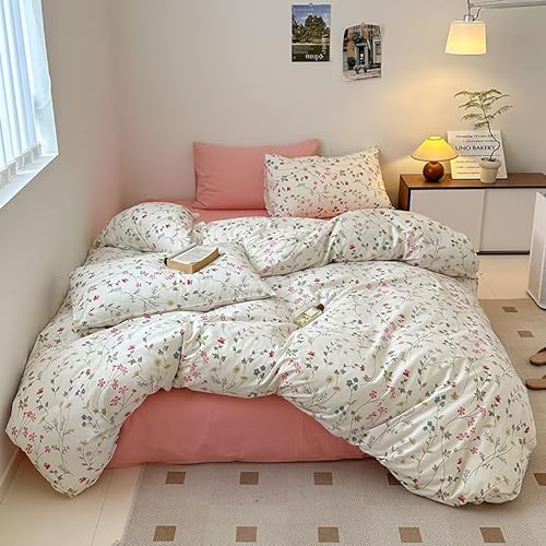 Nyescasa Bettwäsche 135x200 Baumwolle 2 Teilig Weiß Blumen Blätter Muster Bettwäsche-Set Pflanzen Botanisch Wendebettwäsche Bunt 100% Baumwolle Bettbezug mit Reißverschluss und Kissenbezug 80x80cm