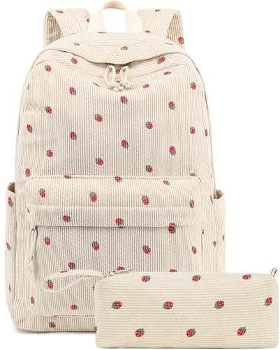 Schulrucksack für Teenager, groß, aus Kord, Büchertasche, leicht, für Mädchen und Jungen, leger, 17 Zoll (43,2 cm), Laptop-Reisetasche, Beige-Erdbeere, 2 Stück, Medium, Classic