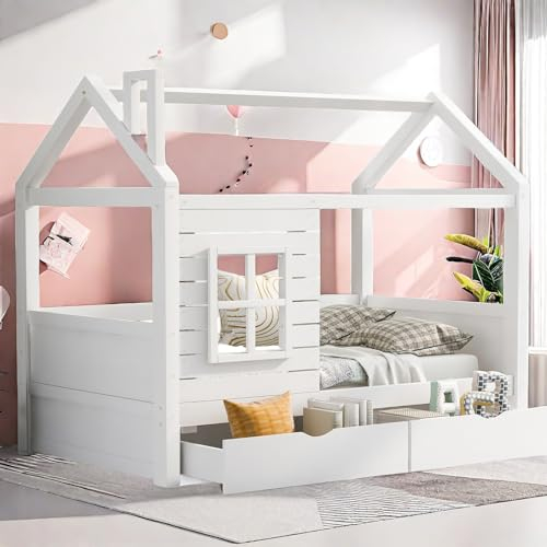 Sapgaks Lit cabane Enfants 80 x 160 avec Fonction Espace de Rangement,lit Mezzanine 1 Places 80 x 160 pour Enfant,Adolescent,avec Protection Anti-Chute et fenêtre,en Bois Massif