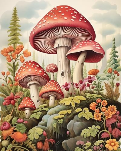 TISHIRON DIY Malen nach Zahlen für Erwachsene Anfänger Pilze in der Natur Verspielte Wälder Ölgemälde Set Malen nach Zahlen für Kinder Erwachsene Landhausdeko - 40x50 cm