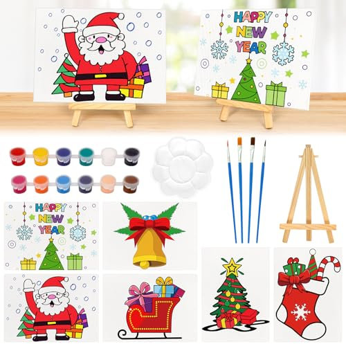 HOTOOLME Lot de 24 toiles à peindre avec peintures acryliques - Kit de 6 toiles pour peintures acryliques - Motifs de Noël - Avec chevalet en bois - Palette pour garçons et filles