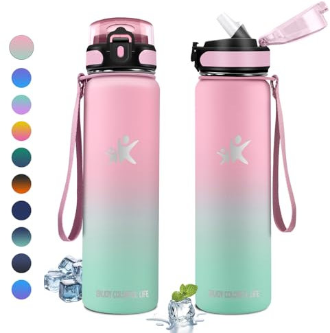 KollyKolla Bouteille Isotherme 1L, Gourde Sport avec Paille, Gourde Acier Inoxydable, Anti-Fuite, Bouteilles sans BPA, Réutilisable, Gourde Inox pour Camping, Enfant, Fille, Randonnée, Cyclisme