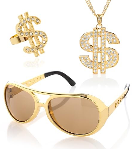 KarneLux Dollar Accessoires 3er Set - 80er Jahre Herren Gangster Hip Hop Zubehör - Brille, Ring und Sonnebrille für Fasching oder Karneval