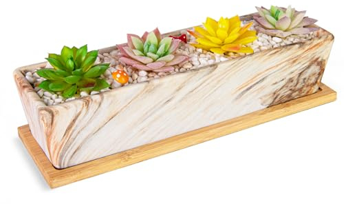 ARTKETTY Succulent Plant Pots - Large Succulent Planters with Drainage Tray, Window Sill Planter, Long Rectangle Ceramic Pot for Indoor Cactus Plants Shallow Bonsai Window Box