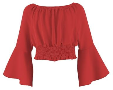 Arshiner Girls Long Sleeve Bell Sleeves Kids Cotton Tshirt Elegant Off Shoulder Tops Strapless Blouse Fashion Spring Fall Shirt for Girls 11-12 Years Red