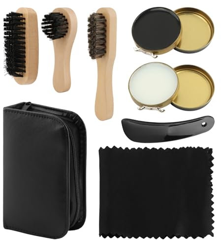 MOVKZACV Schuhbürsten Set, 8 teiliges Schuhcreme & Pflegeset aus Leder für Glattleder und Wildleder, Schuhreiniger, Schuhpflege, Schuhbürste mit Rosshaarbürsten & PU