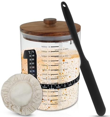 BAODBF 6 Stück Sauerteig Starter Set,Sourdough Starter Kit,1500 ml Sauerteig Starter Glas,Brotbackzubehör mit Holzabdeckung,Gärtuch,Temperaturband,Datiertes Zuführband,Silikonspatel