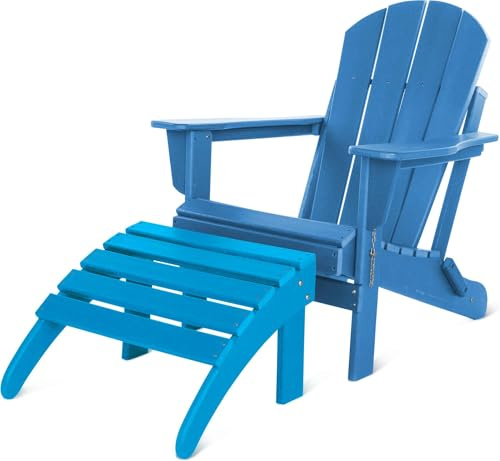 normani Original Adirondack Muskoka Gartenstuhl inklusive Fußstütze - Faltbarer gemütliche Gartenliege in Holzoptik - Zusammenklappbarer Terrassenstuhl Balkonstuhl Blau Einheitsgröße