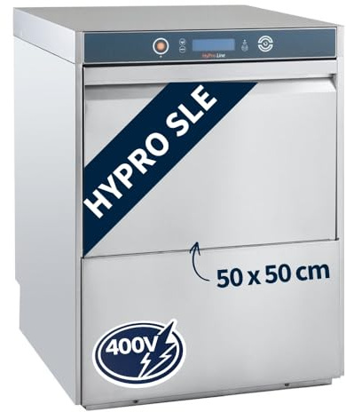 GastroHero Geschirrspülmaschine 50x50, 400 V, Edelstahl HYPRO-GSM54SLE | mit Drucksteigerungspumpe & Enthärter & Ablaufpumpe, Reiniger- & Klarspüldosierer, Made in Europe, 320 mm Einschubhöhe