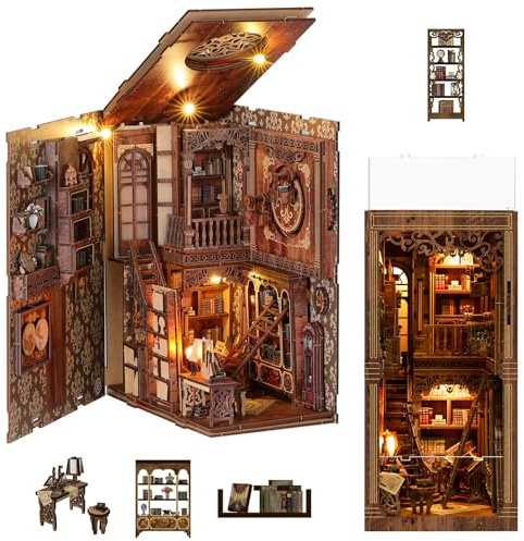 MoKo Book Nook Kit, 3D-Holzpuzzle Buch Nook mit LED-Leuchten, DIY-Miniaturhaus-Bausatz, Buch-Nook Dekoration Geschenke für Erwachsene, Familie