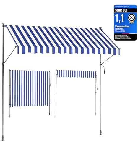 SONGMICS Klemmmarkise, höhenverstellbar, mit Handkurbel, 300 x 120 cm | Balkonmarkise, Sonnenschutz, für Balkon, Terrasse, Garten, blau und weiß, SHELD Kollektion GSA302QZ01