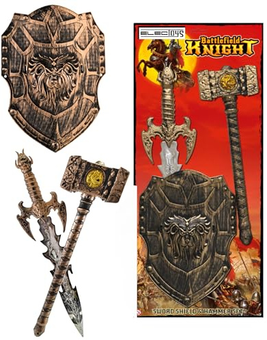 Electoys Childrens Sword Shield and Hammer Toy Set Bronze Medieval Knight Role Play Dress Up Imaginative Safe Lightweight Plastic Costume Accessory for Halloween Parties