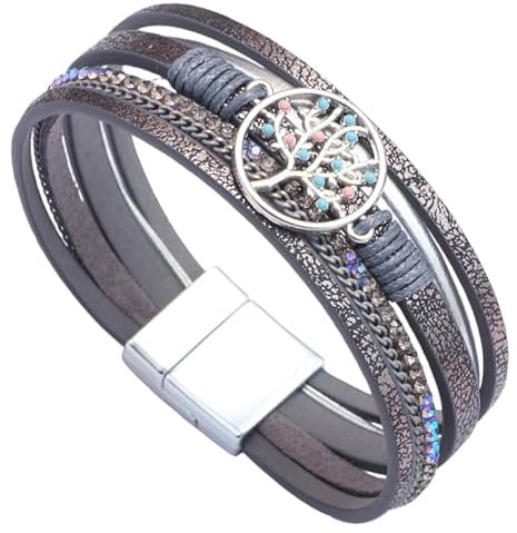 HUIANGLIYG Bracelet Multicouches En Cuir Motif Arbre De Vie, Bracelet Bohème À Large Boucle Avec Strass Colorés Tressés Pour Femmes Et Hommes, Gris, 19,5 Cm