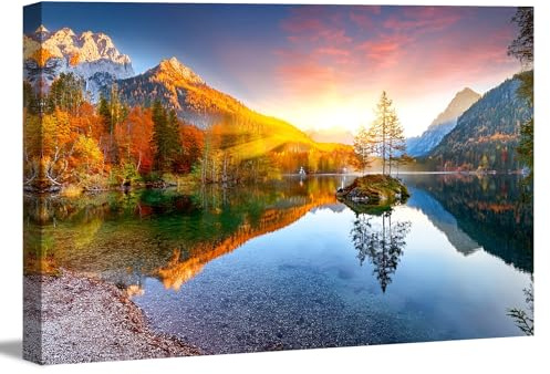 Visario Wandbild Bergsee Landschaft Sonne Berge Natur Leinwandbild 120x80 cm 5067 Kunstdruck auf echtem Holzrahmen gespannt fertig zum Aufhängen Dekoration Wohnzimmer Schlafzimmer Büro Flur modern