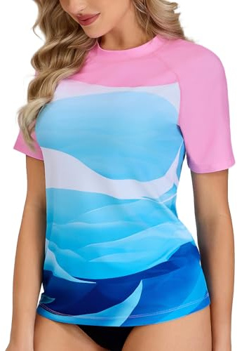 VAYAGER Camiseta UV de natación para Mujer - Manga Corta UPF 50+ Rashguard protección Solar Secado rápido Top de baño para Surf - Talla S a XXL