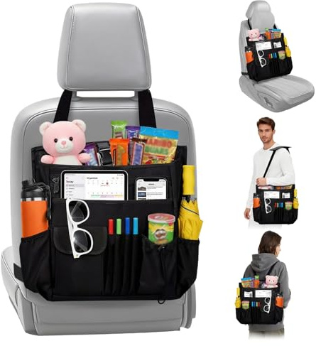 Cyiecweu Auto Organizer Rücksitz, HäNge Autositz Organizer für Vordersitz & Beifahrersitz, Organizer Auto Rücksitz Mit Verstellbaren Gurten Und VerstäRkten Schnallen für Snacks, Laptop, Mobiltelefon