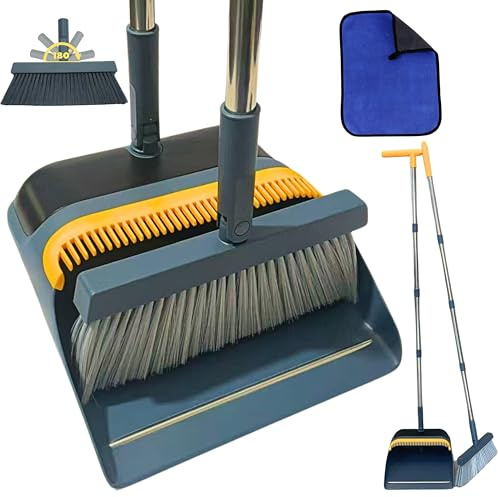 FLOORINGTON Long Handled Dustpan and Brush Set Upright Broom with Soft Bristles & Durable Dustpan for Indoor and Outdoor Cleaning (GREEN) (GREY-YELLOW)