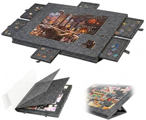 Jigsaw Puzzle Board with 6 Drawers,Tilting Felt Puzzle Board 2 in 1 Designed Stand & Cover,Lightweight Portable Felt Jigsaw Puzzle Table Board for Adults Gift for Games Up to 1000 Pieces (Dark Grey)