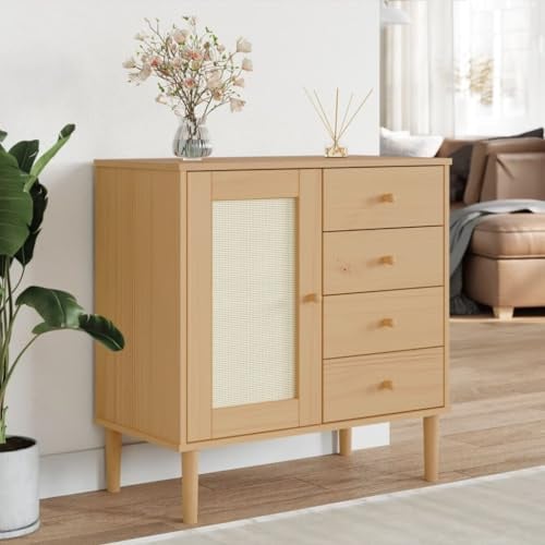 SooIarix Sideboard SENJA in Rattan-Optik Braun aus massivem Kiefernholz mit UV-Lackierung 80x40x80 cm, Kommode mit Schubladen und Tür, Stauraum für Wohnzimmer, Kleiderschrank Alternative