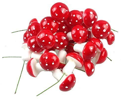 Deko Fliegenpilze am Drath, 35 St (25 mm) Steckpilze, Mini Pilze zum Basteln, Dekoration als Tischschmuck für Hochzeit, Kindergeburtstag, Miniatur Landschaften und Garten, Weihnachten,