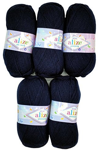 5 x 100g Strickwolle Alize Bebe einfarbig, 500 Gramm Wolle zum Stricken und Häkeln (Nachtblau 58)