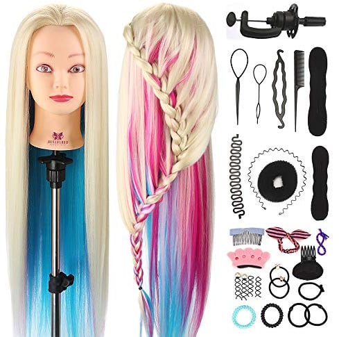 Neverland Beauty 26 100% Synthetic Fiber Hair Hairdressing Training Head Manikin Multicolored with Clamp Practice Mannequin + Hair Braid Accessoires Set