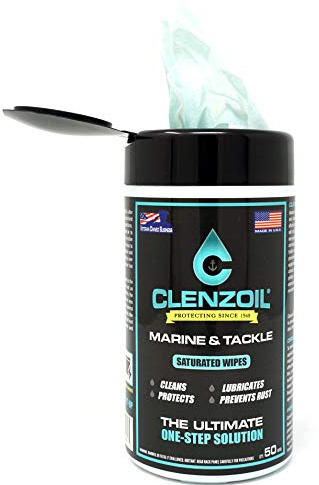 Clenzoil Marine & Tackle Saturated Fishing Reel Cleaning Wipes | Multi-Purpose Oil [ CLP] Cleaner, Lubricant, Protectant | Approx. 50 (5 x7) One-Step Reel Care & Boat Wipes