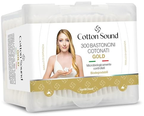 Cotton Sound GOLD Bastoncini Cotonati 1 confezione x 300 Pezzi, Scatola Apri e Chiudi, Bastoncini Cotonati in Carta Biodegradabile, 100% Puro Cotone Idrofilo, Ideali Pelli Sensibili, Made in Italy